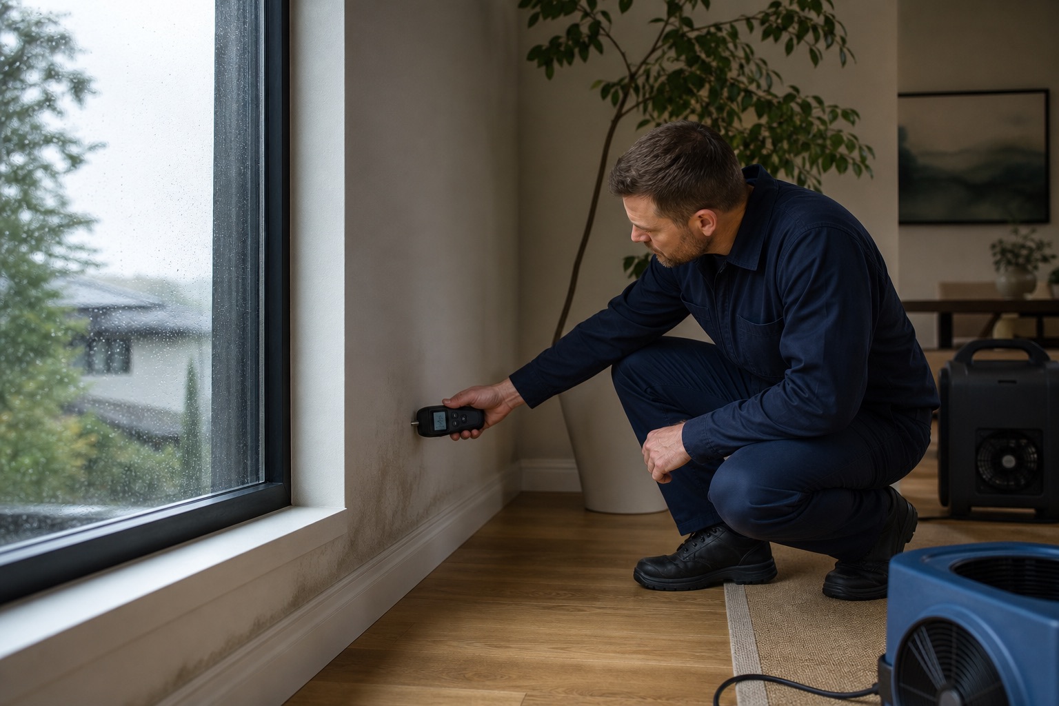 Water restoration technician evaluating moisture conditions